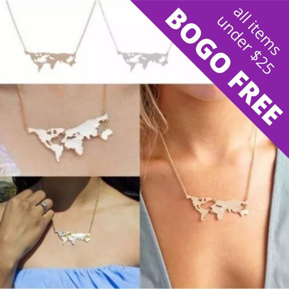 Gold World Map Wanderlust Traveler Necklace - Picture 1 of 4